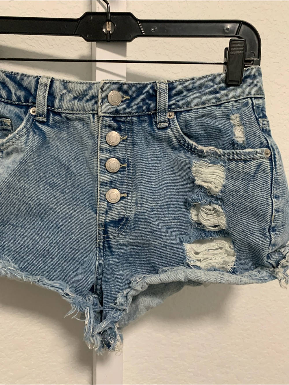 Streetwear Society Distressed Button Fly High-Waist Blue Denim Shorts - Picture 3 of 10